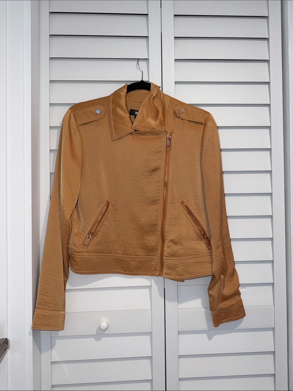 Dkny Camel-Tan Asymmetrical Leather Jacket
